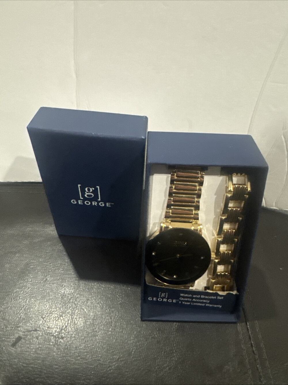 George Gold Tone Watch Bracelet Gift Set Black Dial Quartz New in Box